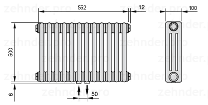 Схема (чертеж) Радиатор Zehnder Charleston 3050/12 №3470 Белый глянцевый RAL 9016